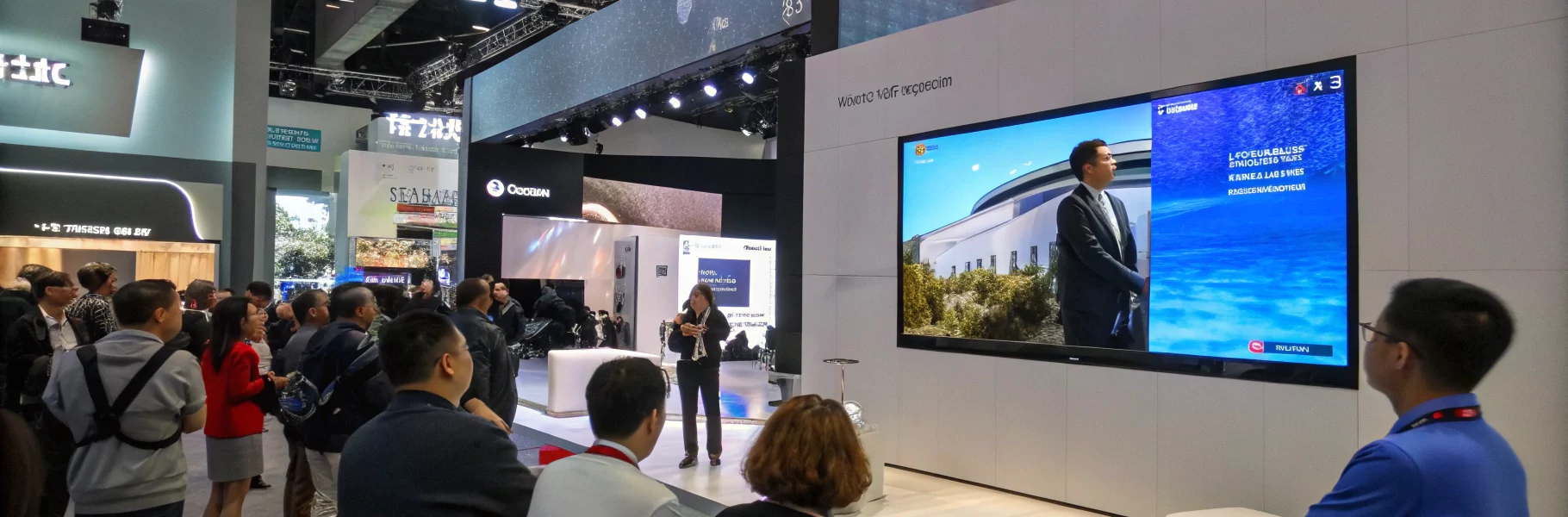 Un écran géant installé dans un salon professionnel, avec des visiteurs regardant une vidéo de présentation sur un stand moderne.